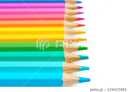 Colorful wooden pencils arranged in row, isolated on white background with copy space Colorful wooden pencils arranged in row, isolated on white background with copy space 129425965