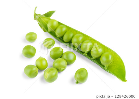 Open pea pod with green peas isolated on white background, healthy vegetables for diet and recipes Open pea pod with green peas isolated on white background, healthy vegetables for diet and recipes 129426000