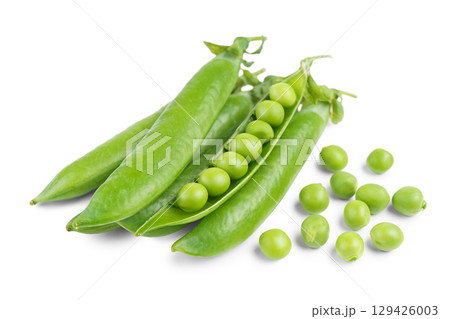 Open pea pod with green peas isolated on white background, healthy vegetables for diet and recipes Open pea pod with green peas isolated on white background, healthy vegetables for diet and recipes 129426003