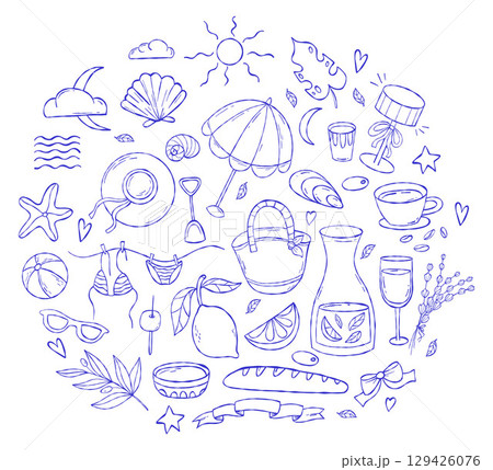 Dolce vita. Mediterranean blue summer doodle set. Hand drawn vintage aesthetics hand drawing. Isolated Outline beach drawn, accessories, Food and drinks. Vector illustration. Not AI Dolce vita. Mediterranean blue summer doodle set. Hand drawn vintage aesthetics hand drawing. Isolated Outline beach drawn, accessories, Food and drinks. Vector illustration. Not AI 129426076