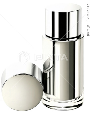 Sleek Chrome Perfume Container, modern, metallic finish, geometric shape, isolated on a dramatic silver background. Sleek Chrome Perfume Container, modern, metallic finish, geometric shape, isolated on a dramatic silver background. 129426237