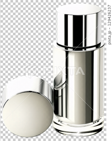 Sleek Chrome Perfume Container, modern, metallic finish, geometric shape, isolated on a dramatic silver background. Sleek Chrome Perfume Container, modern, metallic finish, geometric shape, isolated on a dramatic silver background. 129426237