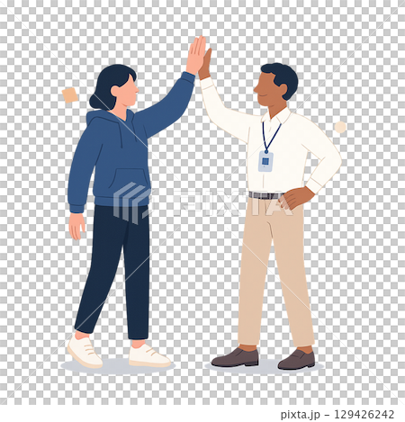 Two members of the development team high-fiving a colleague Two members of the development team high-fiving a colleague 129426242