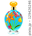 Whimsical Floral Perfume Bottle, colorful, hand-painted floral design, rounded shape, isolated on a bright blue background. 129426246