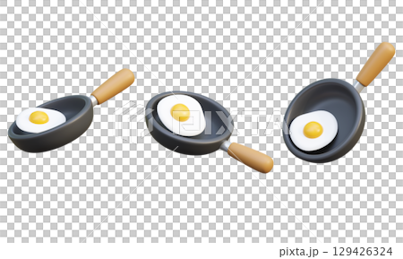 Cartoon Style frying pan with fried egg 3D graphic Cartoon Style frying pan with fried egg 3D graphic 129426324