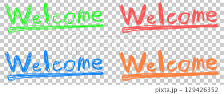 Welcome written in English in a hand-drawn style. 129426352