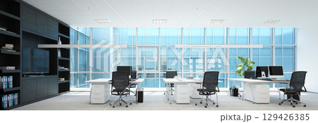 Modern office interior with empty desks chairs and computers in a spacious room. Contemporary workspace design for corporate business. Modern office interior with empty desks chairs and computers in a spacious room. Contemporary workspace design for corporate business. 129426385