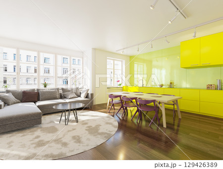 Spacious apartment living room and kitchen interior with modern design. Open concept home decor with bright yellow kitchen cabinets. 129426389