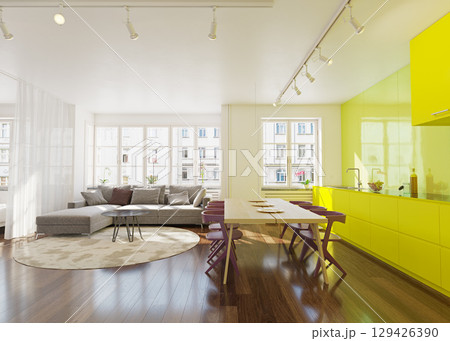 Modern apartment interior with bright yellow kitchen cabinets and a spacious living room. Contemporary home design concept for real estate. 129426390