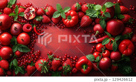 Red fruits and vegetables border composition on red background with copy space in center Red fruits and vegetables border composition on red background with copy space in center 129426612