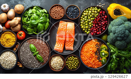 Colorful fruits, leafy green vegetables, hearty grains, and fresh fish 129426627