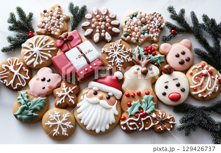 Christmas cookies Santa, trees, snowflakes, and gift shapes decorated with festive icing and sprinkles 129426737