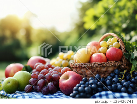 Wicker basket full of ripe grapes surrounded by apples and grape clusters on table in sunny vineyard during harvest season 129426741