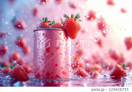 Red soda can splashing into water with fresh strawberries flying around in dramatic motion and water droplets Red soda can splashing into water with fresh strawberries flying around in dramatic motion and water droplets 129426755