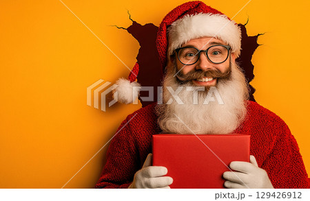 Man Santa Claus red box, yellow paper background. Christmas shopping, sale, discount, banner, poster Man Santa Claus red box, yellow paper background. Christmas shopping, sale, discount, banner, poster 129426912