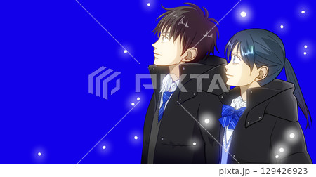 きらめく雪、冬の学生たちのアニメ風イラスト、左に余白 129426923