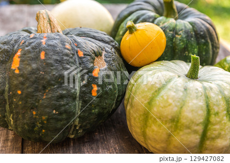 Autumnal Background. Natural autumn fall view pumpkins on wooden background. Inspirational october or september wallpaper. Change of seasons ripe organic food concept. Halloween party Thanksgiving day 129427082