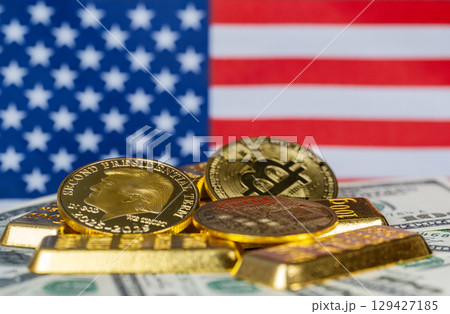 f hundred dollar bills with gold bars 129427185