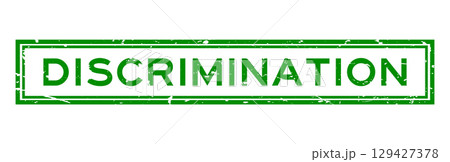 Grunge green discrimination word square rubber stamp in white background 129427378