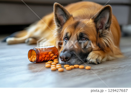 Sad sheepdog dog lying on floor in living room next to scattered tablets and medication bottle, sick pet Sad sheepdog dog lying on floor in living room next to scattered tablets and medication bottle, sick pet 129427687
