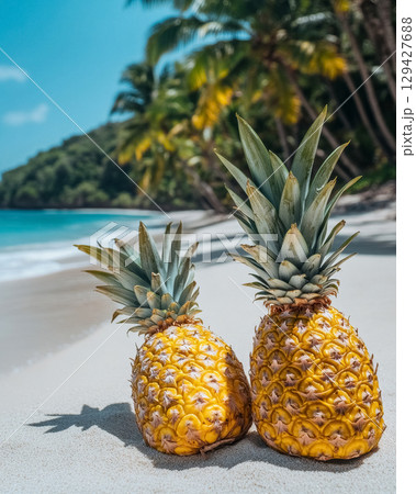 Two ripe pineapples resting side by side on the soft sandy beach under bright sunlight near turquoise waters surrounded by lush tropical greenery 129427688