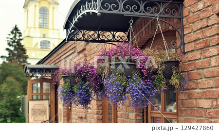 Beautiful flowers on the brick wall of the house. Beautiful flowers on the brick wall of the house. 129427860