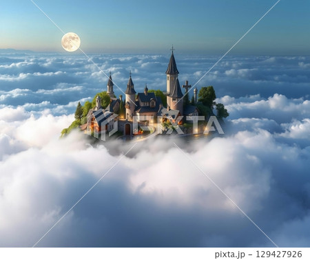 Ethereal Castle Floating Amidst Dreamy Cloudscape Majesty 129427926