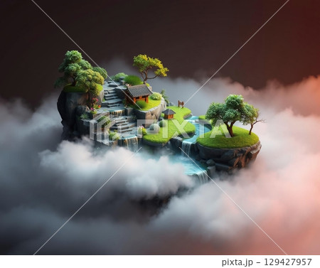Serene Floating Island Sanctuary Amidst Misty Clouds Serene Floating Island Sanctuary Amidst Misty Clouds 129427957