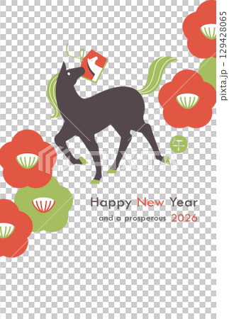 2026 年馬年新年賀卡：時尚的馬剪影和山茶花，垂直 129428065
