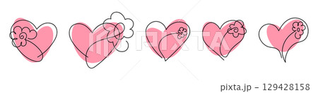 Cute heart with flower drawn in one line. Symbol of love, care and happiness. Heart for web design and postcards. Vector illustration isolated on white background. 129428158