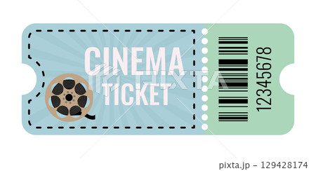 Cinema ticket design with film reel and barcode 129428174