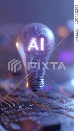 Light bulb with glowing AI letters inside futuristic technology concept illuminated glass bulb digital innovation artificial intelligence glowing light circuit board background modern electronics 129428295