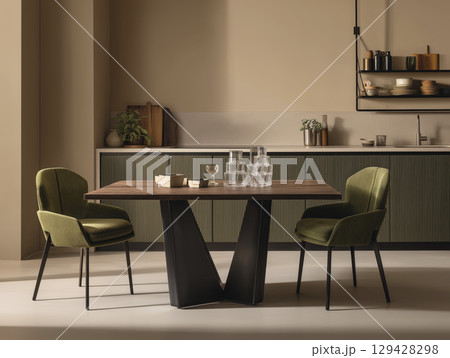 Modern dining room with wooden table and two green upholstered chairs, minimalist decor, glassware table, neutral wall colors, and sleek sideboard with open shelving, creating stylish and cozy 129428298