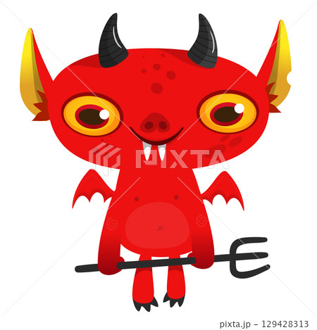 Cartoon funny red devil character design holding fork trident with long tail. Halloween vector illustration isolated Cartoon funny red devil character design holding fork trident with long tail. Halloween vector illustration isolated 129428313