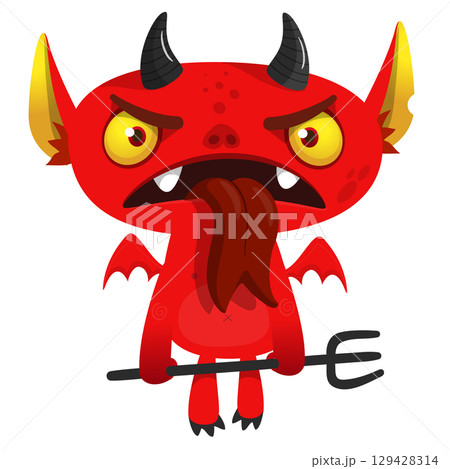 Cartoon funny red devil character design holding fork trident with long tail. Halloween vector illustration isolated 129428314