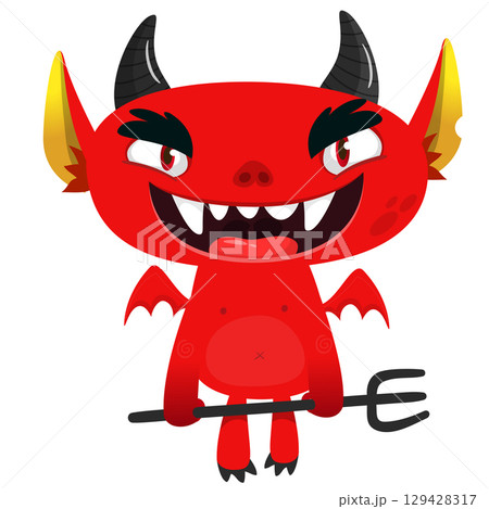 Cartoon funny red devil character design holding fork trident with long tail. Halloween vector illustration isolated 129428317