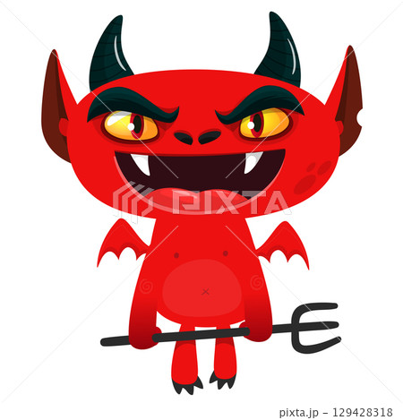 Cartoon funny red devil character design holding fork trident with long tail. Halloween vector illustration isolated 129428318