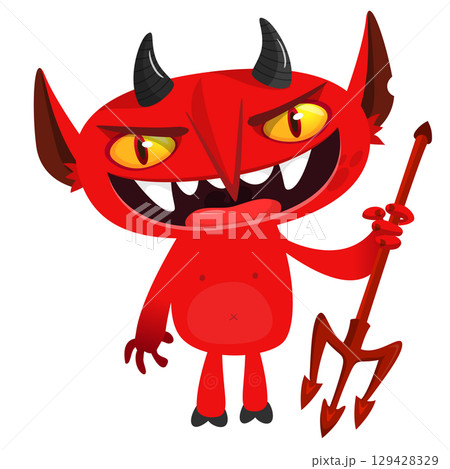 Cartoon funny red devil character design holding fork trident with long tail. Halloween vector illustration isolated 129428329