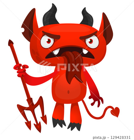 Cartoon funny red devil character design holding fork trident with long tail. Halloween vector illustration isolated Cartoon funny red devil character design holding fork trident with long tail. Halloween vector illustration isolated 129428331