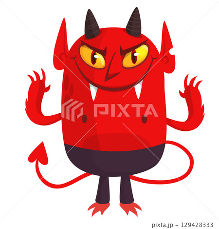 Cartoon funny red devil character design holding fork trident with long tail. Halloween vector illustration isolated 129428333