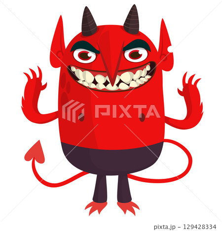 Cartoon funny red devil character design holding fork trident with long tail. Halloween vector illustration isolated Cartoon funny red devil character design holding fork trident with long tail. Halloween vector illustration isolated 129428334