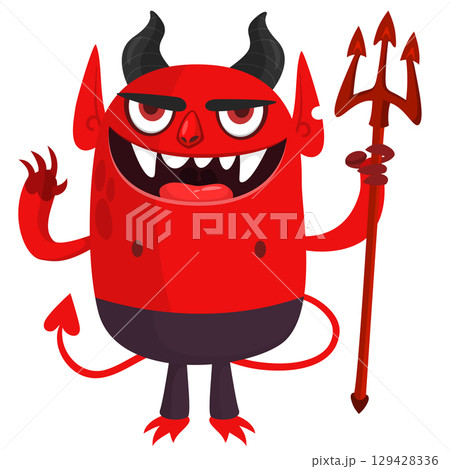 Cartoon funny red devil character design holding fork trident with long tail. Halloween vector illustration isolated Cartoon funny red devil character design holding fork trident with long tail. Halloween vector illustration isolated 129428336