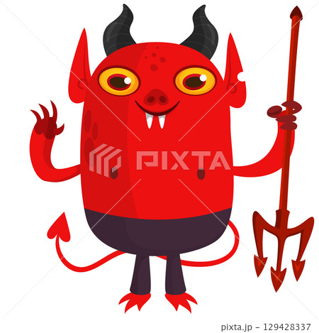 Cartoon funny red devil character design holding fork trident with long tail. Halloween vector illustration isolated 129428337
