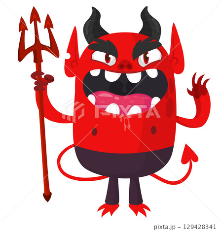 Cartoon funny red devil character design holding fork trident with long tail. Halloween vector illustration isolated 129428341