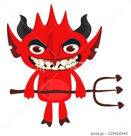 Cartoon funny red devil character design holding fork trident with long tail. Halloween vector illustration isolated 129428345