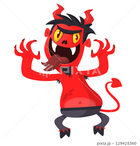 Cartoon funny red devil character design holding fork trident with long tail. Halloween vector illustration isolated Cartoon funny red devil character design holding fork trident with long tail. Halloween vector illustration isolated 129428360