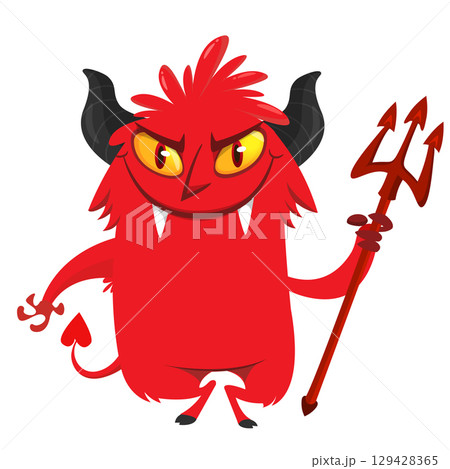 Cartoon funny red devil character design holding fork trident with long tail. Halloween vector illustration isolated Cartoon funny red devil character design holding fork trident with long tail. Halloween vector illustration isolated 129428365