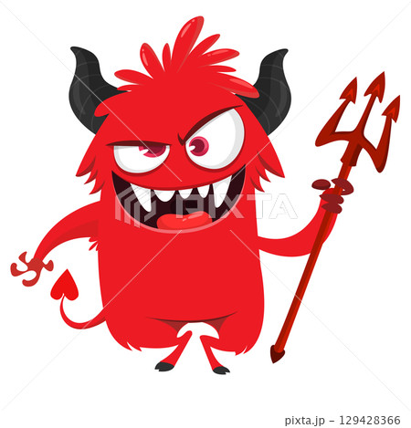 Cartoon funny red devil character design holding fork trident with long tail. Halloween vector illustration isolated 129428366