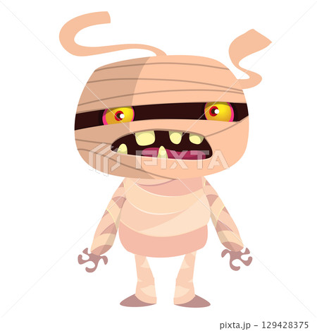 Cartoon funny walking mummy character design. Vector illustration of monster wrapped in strips of linen for Halloween party theamed decoration isolated 129428375