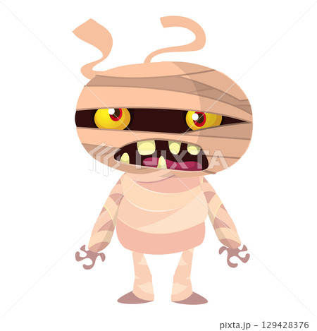 Cartoon funny walking mummy character design. Vector illustration of monster wrapped in strips of linen for Halloween party theamed decoration isolated 129428376